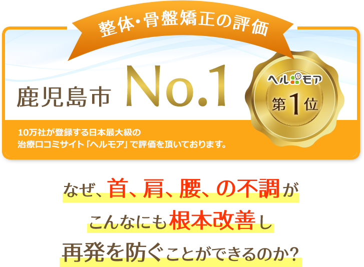 整体・骨盤矯正の評価が、治療口コミサイト「ヘルモア」にて鹿児島市でNo.1の評価を頂いております！